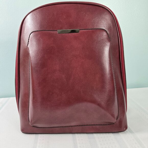 Handbags - Mid-Sized Burgundy Faux Leather Backpack Zipper Closure Adjustable Straps